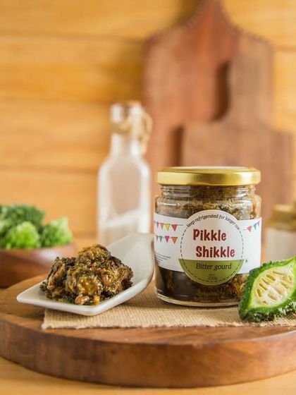 A jar of my unique Karela pickle. If you think you don't like bitter gourd, I guarantee this pickle will change your mind.