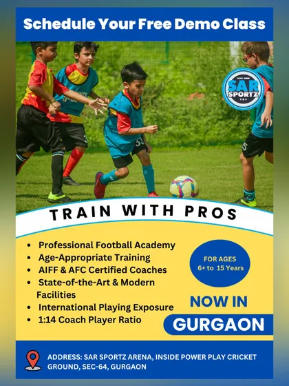 Your child's professional football journey starts here. We are now in Gurgaon with a free demo class, offering training with certified coaches and a low 1:14 coach-to-player ratio.