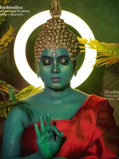 The ring light creates a halo effect, adding to the divine and peaceful mood of this creative makeup piece.