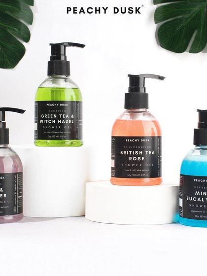 A beautiful display of my shower gel collection. Available in scents like Green Tea & Witch Hazel, British Tea Rose, and Mint & Eucalyptus, they offer a refreshing start to your day.
