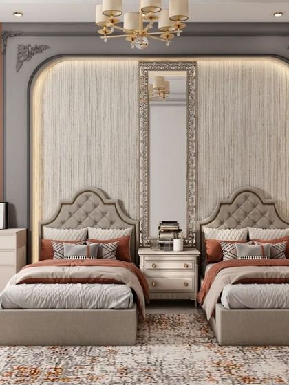 A front view of the elegant shared bedroom, showcasing the symmetrical design. The tufted headboards, ornate mirror, and classic furniture create a luxurious and balanced space that two children can share comfortably.