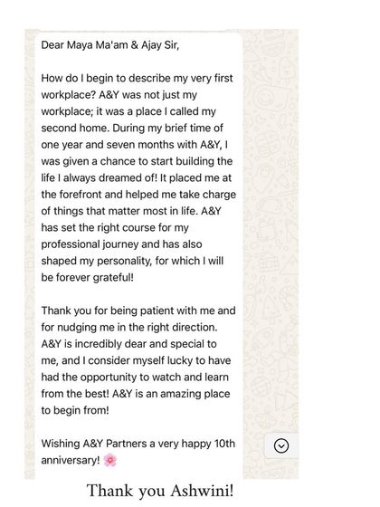 Ashwini's message describing our firm as her "second home" is something we will always cherish. Building a supportive and nurturing workplace is just as important to us as our legal work.