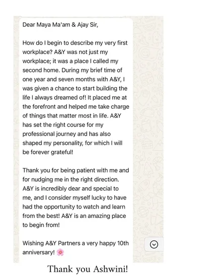 Ashwini describes A&Y as her "second home," a place that set the right course for her professional journey. We are humbled to have been a part of her growth.