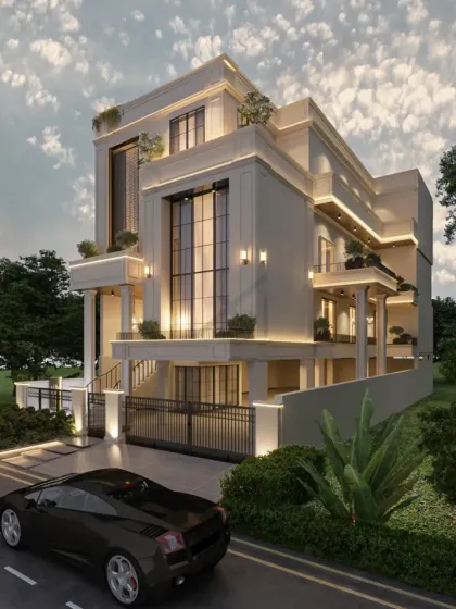 An angled view of the modern elegant facade, showing how the play of light across the structure highlights its proportions, while integrated planters soften the form.