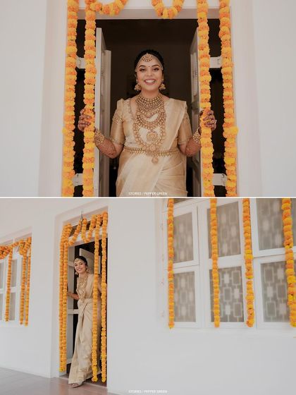A collage of the bride posing in a doorway adorned with marigolds, her happiness shining through.