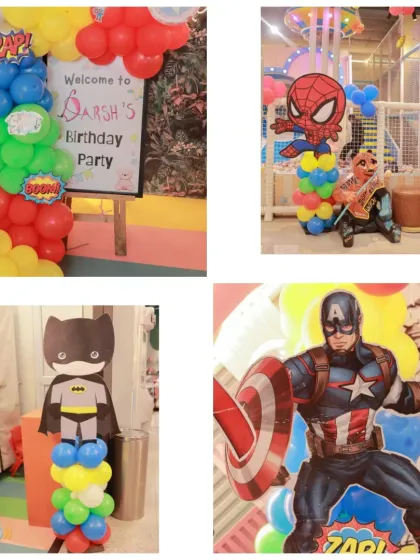 Welcome to the superhero party! We create personalized welcome signs and use character cutouts of Batman, Spider-Man, and Captain America to set the stage for adventure.