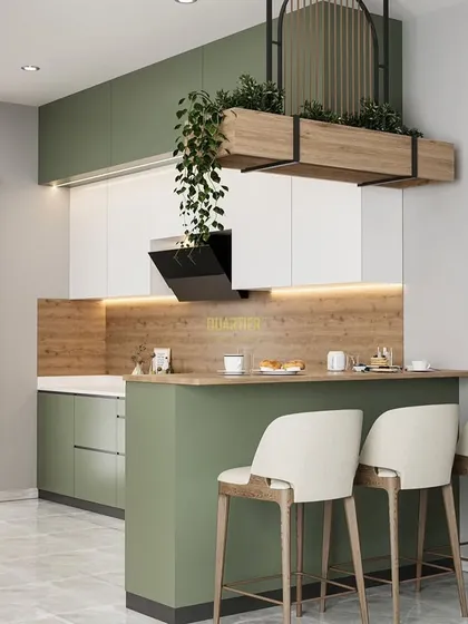 This kitchen design includes a functional breakfast bar with seating for three. A custom hanging planter box is suspended above the bar, adding a unique decorative element and a touch of greenery.