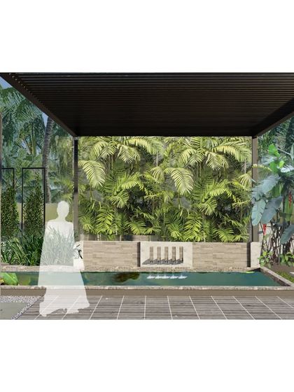 A water cascade at the entrance of the venue creates a soothing mood. Palm trees and a buffer of planting are used to create a lush setting and limit the visibility of the main event area upon arrival.