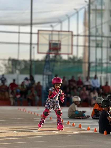 The focus and determination of a young champion in action. During our friendly competitions, every child gets to feel the thrill of the race, pushing their limits and learning to skate their own race.