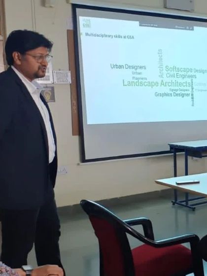 A presentation slide from our session at Dr. Bhanuben Nanavati College of Architecture. We highlighted the multidisciplinary skills required in modern practice, from urban designers and landscape architects to civil engineers and graphic designers.