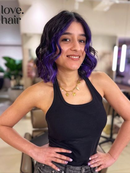 The happy client reveal of her purple balayage bob. The colour is fun, edgy, and perfectly suits her personality.