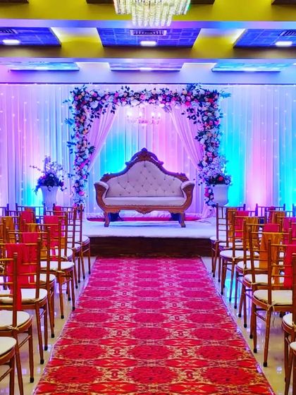 A classic stage setup for an engagement or small reception at Celebration banquet hall. This 180-seater AC hall is an affordable option for intimate functions.