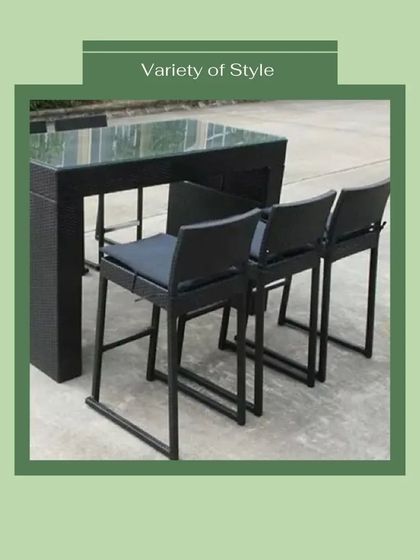We offer a variety of styles to match your aesthetic. This bar set features a clean, minimalist design with a glass-top table and cushioned bar stools, offering a contemporary look for any modern outdoor space.