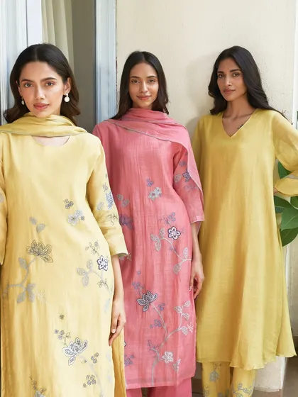 For days that are not grand events but still matter, these relaxed suits in pastel yellow and pink are perfect. The soft fabrics and delicate floral embroidery offer everyday elegance.