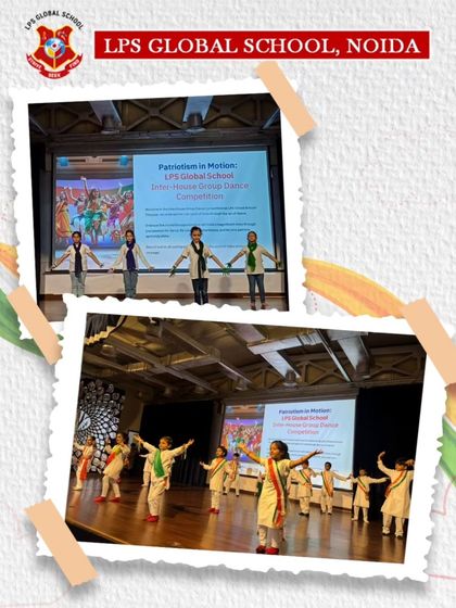 Two moments from the patriotic dance competition are captured here, showing different formations and expressive movements. We train our students in various dance styles to create diverse and engaging performances.