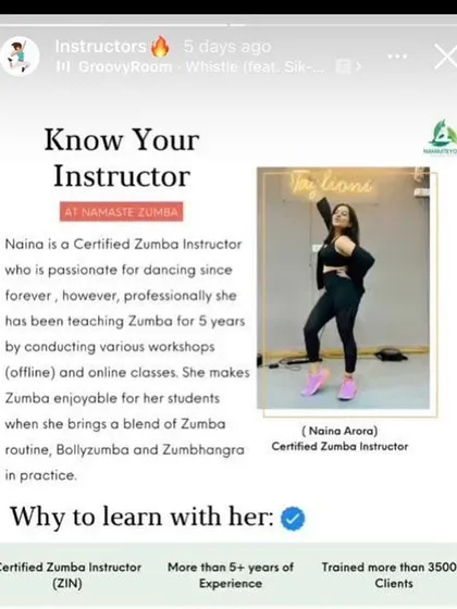 A little bit about me! I am a certified Zumba (ZIN) instructor with over 5 years of experience. My passion is to blend different styles like Bollyzumba and Zumbhangra to make every class unique.