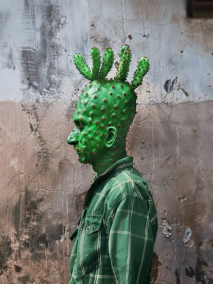A side profile of a 'Cactogenesis' mutation, showing the cactus growing out of the person's head and face.