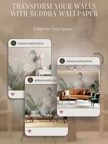 This graphic showcases several ways to incorporate a Buddha wallpaper into your home. Whether it's a living room or a quiet corner, these designs are meant to enlighten your space.