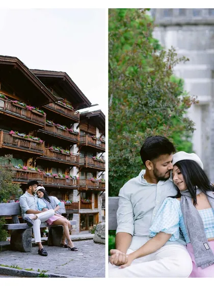 Two moments on a bench in Zermatt. One wide shot showing the beautiful alpine setting, and one close-up capturing their cozy, intimate connection.
