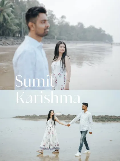 An album-style layout introducing Sumit and Karishma with two distinct shots that capture both a thoughtful and a joyful moment from their beach pre-wedding shoot.