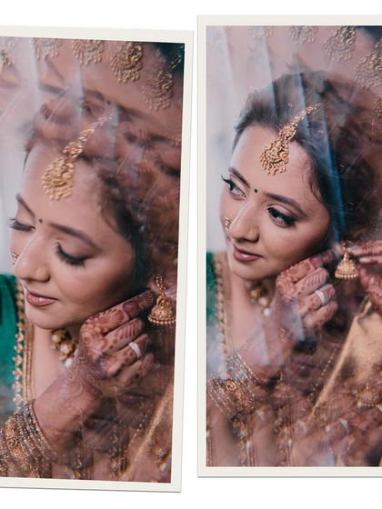 A collage of a bride's getting-ready moments, with a creative reflection effect adding an artistic touch.