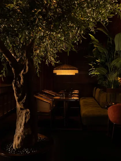 Another intimate corner, where a moss-green banquette is nestled amongst lush plants, creating a feeling of dining in a secret garden.