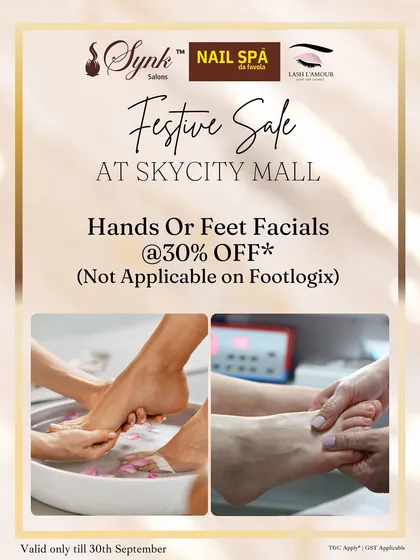 A festive sale graphic offering 30% off on hand or feet facials at Skycity Mall. It's the perfect opportunity to give your hands and feet some extra care.