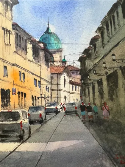 A street in Florence, painted in watercolor on a half imperial sheet of Baohong cold press paper. Capturing the light and shadow on the historic buildings brings back wonderful memories of my trip to Italy.
