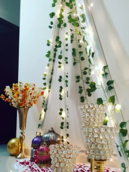 Details matter. Here you can see the crystal candle holders and lanterns I use to add a touch of elegance to the teepee setup.