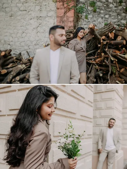 A diptych showing different moods from an urban shoot. One shot is a stylish, posed portrait, while the other captures a sweet, candid moment of the bride-to-be with a bouquet of flowers.