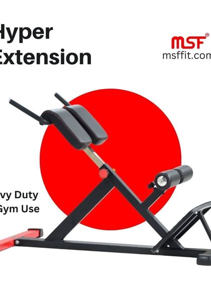 The MSF Hyper Extension bench. This heavy-duty machine is designed for gym use to strengthen the lower back, glutes, and hamstrings.