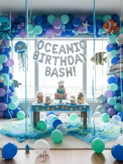 Dive into an underwater adventure with our Oceanic Birthday Bash theme. This elaborate decoration includes a massive balloon arch in ocean blues, purples, and teals, accented with foil balloons of sea creatures like dolphins, jellyfish, and clownfish. It’s a complete setup that transforms any space into a sea world.