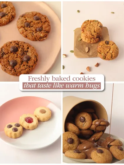 A collage showcasing some of our freshly baked cookies that taste like warm hugs. You can see our classic chocolate chip, thumbprint cookies, and more.