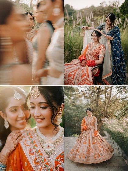 A collage of the bride and her bridesmaids. It shows the getting ready process, individual portraits, and the loving support of her friends.