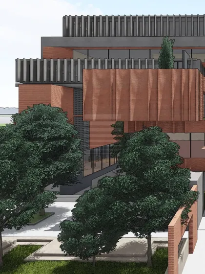 This competition entry for an institutional building in Bangalore explores a more rectilinear form. The design uses a palette of red brick, exposed concrete, and black metal, with integrated terraces that serve as outdoor learning spaces, demonstrating our versatile approach to educational architecture.