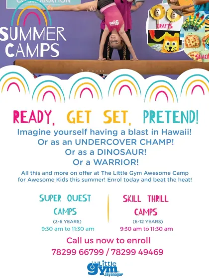 Our summer camps are a blast. This flyer shows the variety we offer, from "Super Quest" themed adventures for little ones to "Skill Thrill" camps for older kids looking to advance their gymnastics abilities.