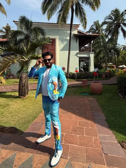 Kicking off the year in Goa with this cool, beach-ready blue printed suit. It's perfect for a sunny carnival by the sea.