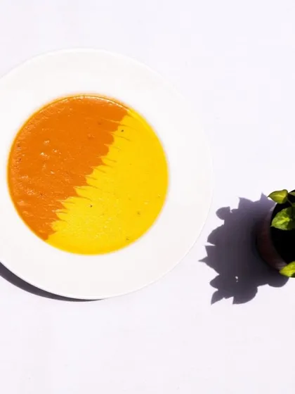 Enhance your weekend spirit with our vibrant Red & Yellow Bell Pepper soup, a visually stunning and flavorful dish.