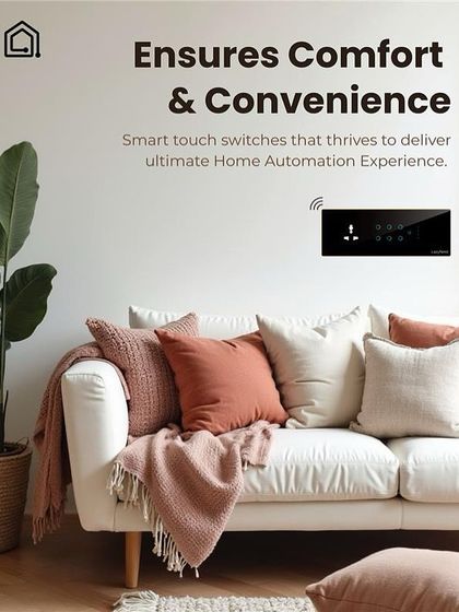 This is where comfort meets convenience. A look at a sleek, black smart touch switch installed in a modern living room, delivering the ultimate home automation experience.