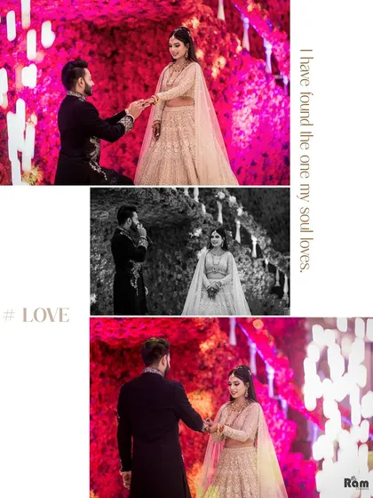 This collage tells the story of the proposal moment. It combines color and black and white to emphasize the emotion and significance of the ring exchange.