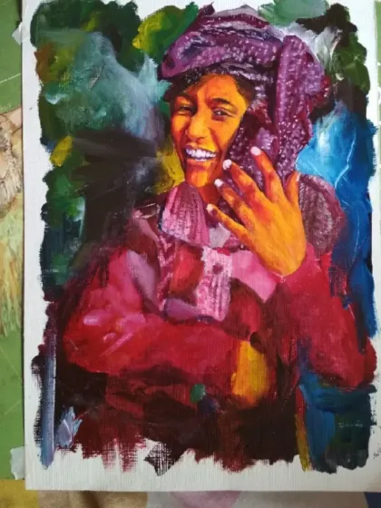 A vibrant and expressive oil painting of a woman laughing. The bold colors and loose brushstrokes give this piece a lot of energy.