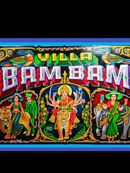 The "Villa Bam Bam" painting with a solid black background, making the colors pop.