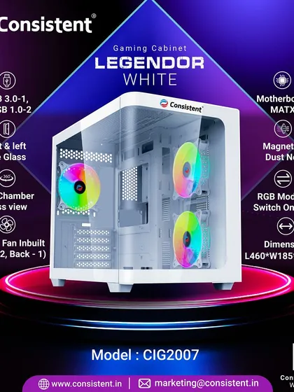 Our Legendor gaming cabinet in white offers a premium dual-chamber glass view with front and left side glass panels. It includes three ARGB fans, a magnetic dust net, and top-mounted RGB mode controls for easy customization of your MATX build.