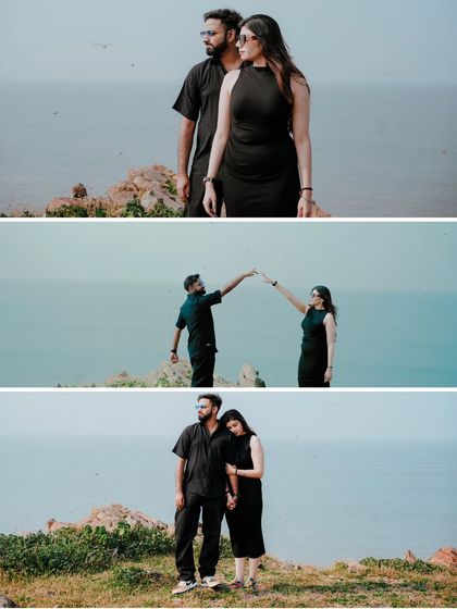 A series of shots featuring the couple in matching black outfits against the vast expanse of the sea, creating a modern and dramatic pre-wedding look.