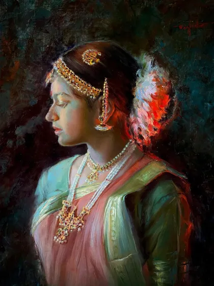 "Adornment," a beautiful oil painting by featured artist Manjushree Roy. This piece is a stunning example of traditional portraiture and the rich, deep colors achievable with oils.