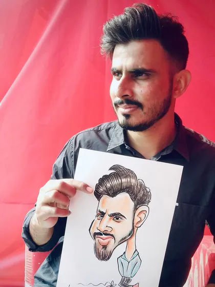 From real to reel in a few bold strokes. This guest's dashing looks were fun to capture in this quirky caricature.