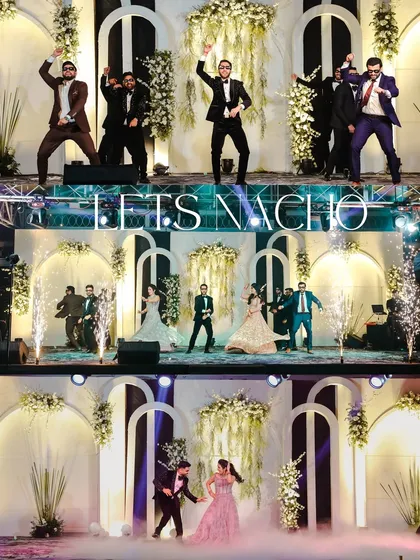 A high-energy collage from a Sangeet night. It showcases the groom's friends dancing, the couple's performance, and the grand stage setup with pyrotechnics.
