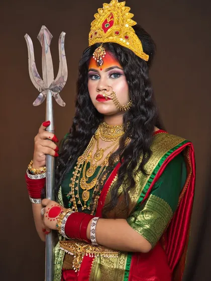 A powerful portrayal of Goddess Durga with her trishul, a key look from our students' Navratri project.