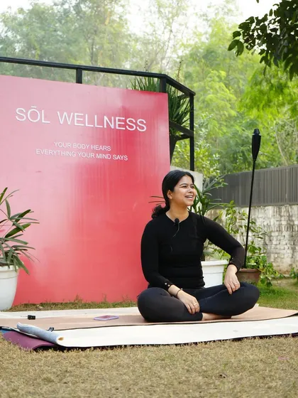 Leading a session at a Sol Wellness event. My focus is always on creating a welcoming and joyful atmosphere where everyone can connect with their practice.