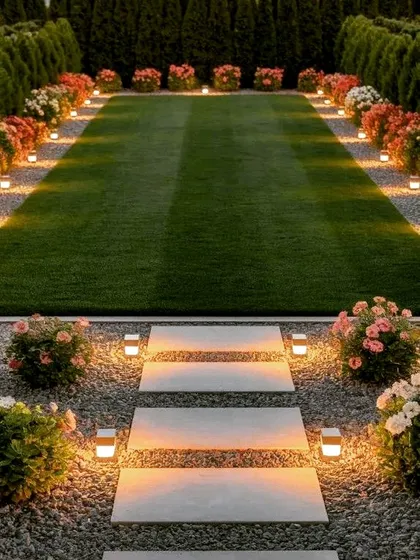 A symmetrical garden path at dusk, illuminated by modern, low-level lighting. The design uses gravel and large pavers for the walkway, which is flanked by a manicured lawn and colorful rose bushes.